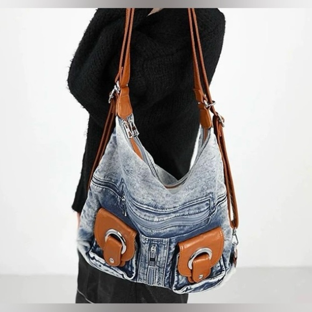 Stylish Denim and Brown Women's Bag - Picture 1 of 4